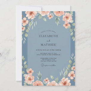 Invitation Mariage aux Pivoines Corail Chaud sur Fond Ardoise