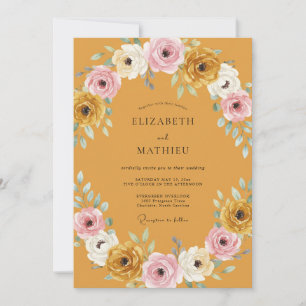 Invitation Mariage aux Pivoines Rose et Moutarde