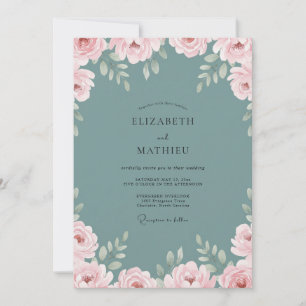Invitation Mariage aux Pivoines Rouge Cerise sur Ardoise