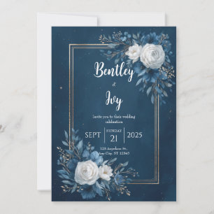 Invitation Mariage aux Ranunculus Célestes Or et Bleu Nuit