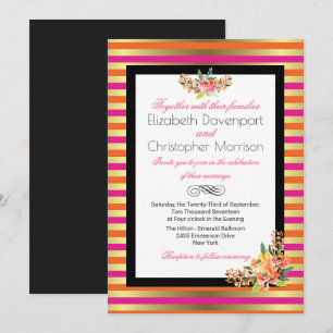 Invitation Mariage aux rayures métallisées rose, orange et or