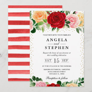 Invitation Mariage aux Roses Aquarelles Rouges et Jaunes