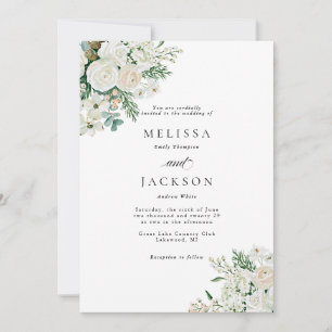 Invitation Mariage aux Roses Blanches d'Hiver Cornouiller et