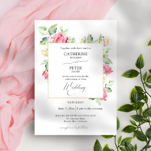Invitation Mariage aux Roses en Aquarelle Rose/Ivoire avec un