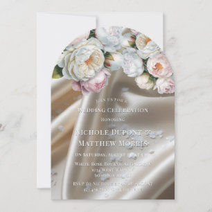Invitation Mariage aux Roses et Pivoines en Satin Blanc