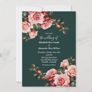 Invitation Mariage aux roses roses rouges et roses vert foncé