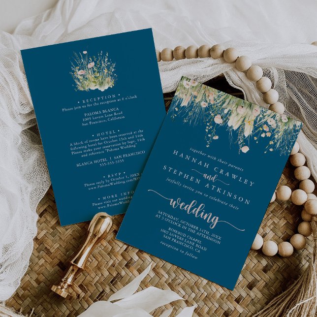 Invitation Mariage avant et arrière de la marine Fleur sauvag (Créateur téléchargé)