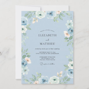 Invitation Mariage avec accent floral bleu poussiéreux