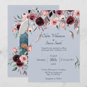 Invitation Mariage avec Arche de Photos Florale Bleu Poussiér