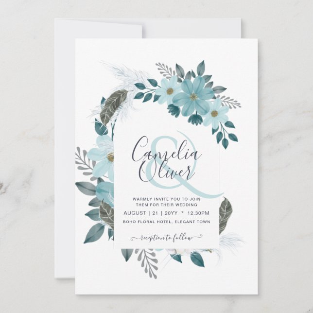 Invitation Mariage avec Arche Florale Bleue de Verre de Mer S (Devant)