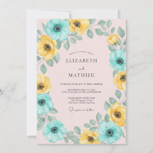Invitation Mariage avec arche florale jaune sarcelle