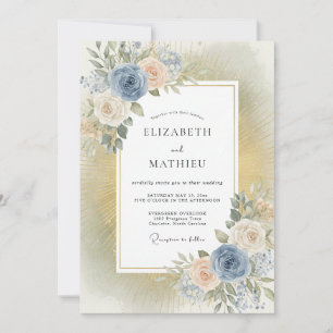 Invitation Mariage avec Arrangement Floral Bleu Poussiéreux