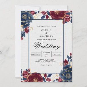 Invitation Mariage avec cadre floral bordeaux profond