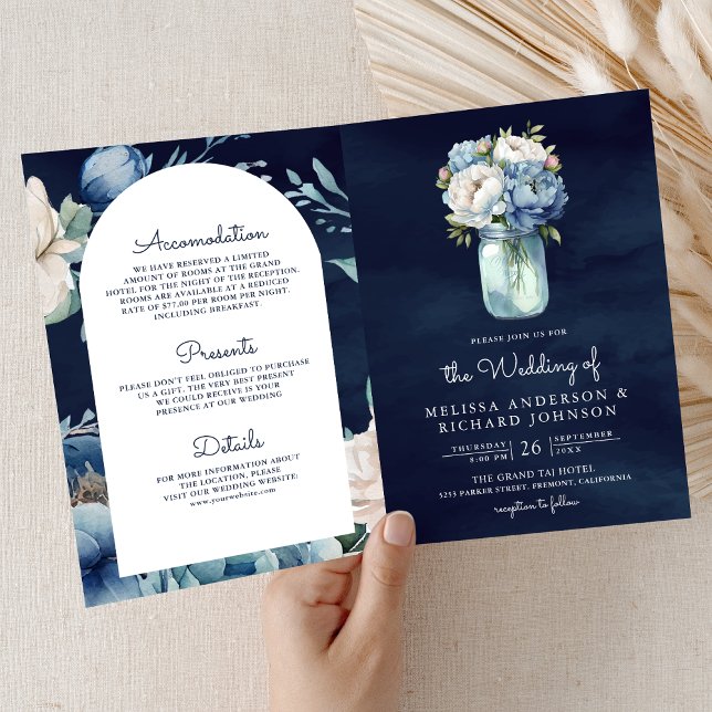 Invitation Mariage avec code QR en pot Mason de pivoine bleu  (Créateur téléchargé)