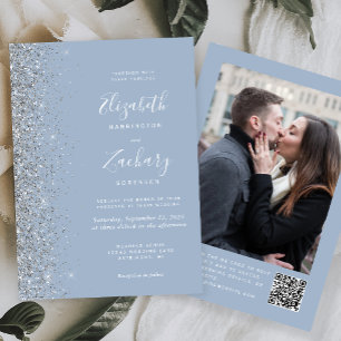 Invitation Mariage avec code QR photo et paillettes bleu pous