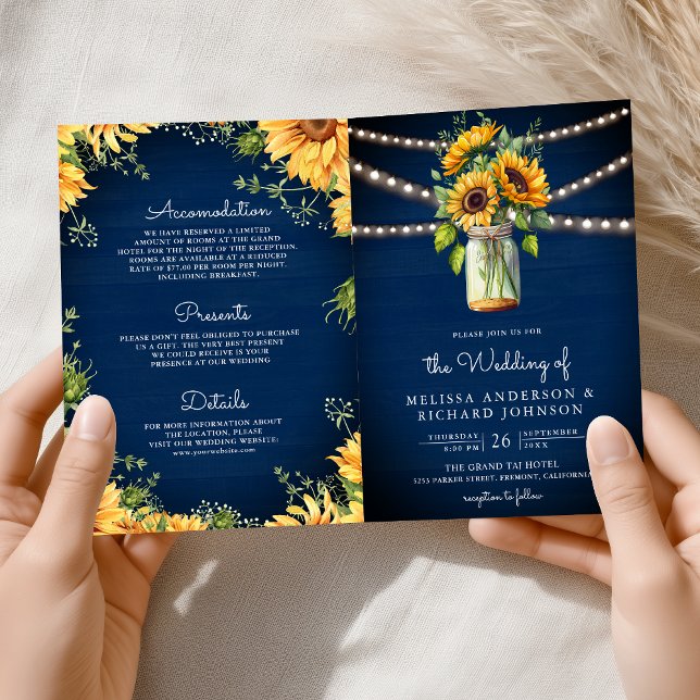Invitation Mariage avec code QR sur pot Mason Tournesols Bleu (Créateur téléchargé)