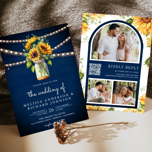 Invitation Mariage avec code QR sur pot Mason Tournesols Bleu (Créateur téléchargé)
