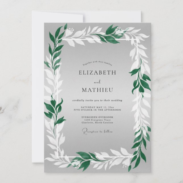 Invitation Mariage avec feuillage gris verdâtre (Devant)