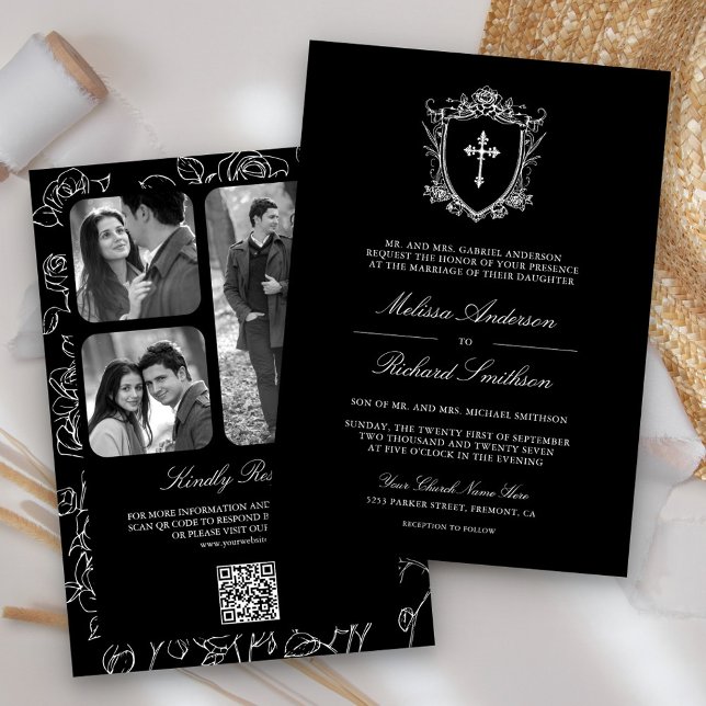 Invitation Mariage avec QR Code Catholique Noir Victorien (Créateur téléchargé)