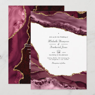 Invitation Mariage avec QR Code RSVP en Agate Bourgogne et Or