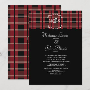 Invitation Mariage Bague Logo Tartan Carreaux Flanelle Vin Mo