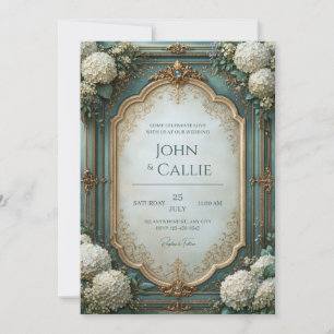 Invitation Mariage baroque aux hortensias sarcelle