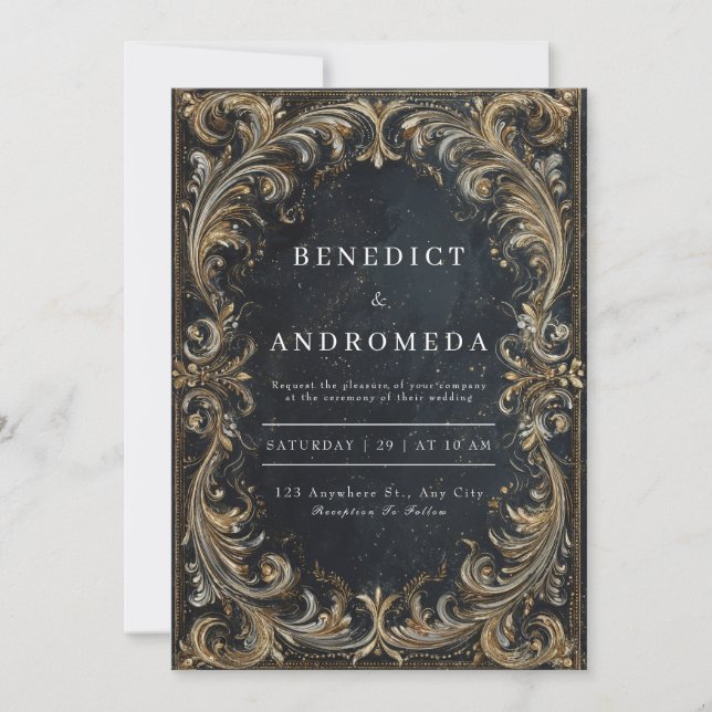 Invitation Mariage baroque Black and Gold (Devant)