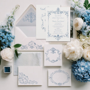 Invitation Mariage Baroque Bleu Poussiéreux