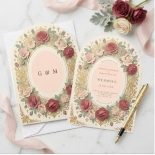 Invitation Mariage baroque croix catholique arche florale vin