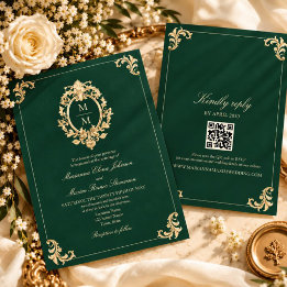 Invitation Mariage Baroque Or et Vert Émeraude