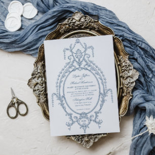 Invitation Mariage baroque orné bleu français