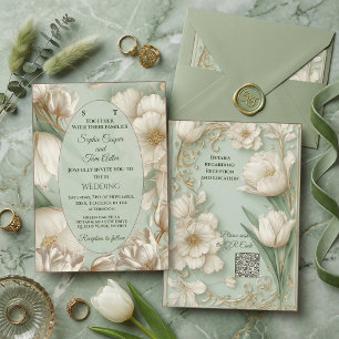 Invitation Mariage baroque orné de tulipes blanches et de ver