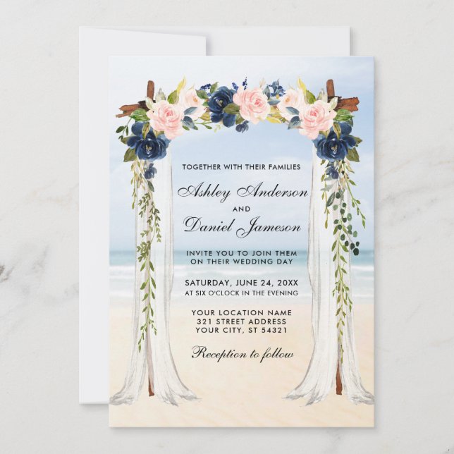 Invitation Mariage Beach Canopy Aquarelle bleu rose Floral (Devant)