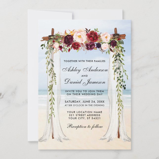 Invitation Mariage Beach Canopy Aquarelle Bourgogne Floral (Devant)