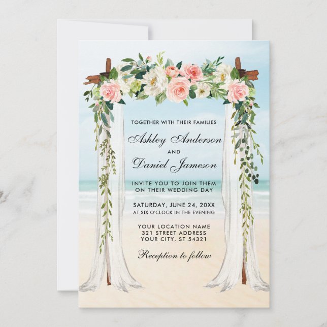 Invitation Mariage Beach Canopy Aquarelle rose Blanc Floral (Devant)
