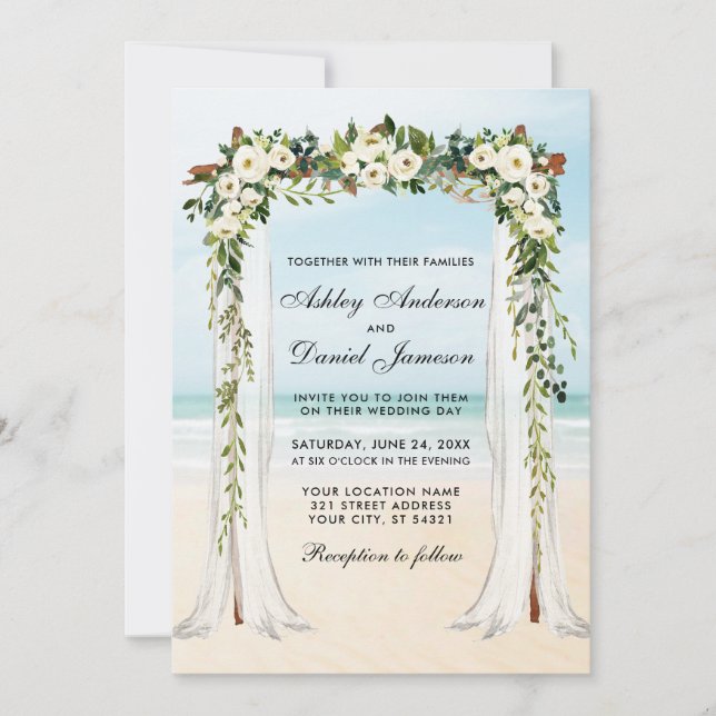 Invitation Mariage Beach Canopy Aquarelle Vert Blanc Floral (Devant)