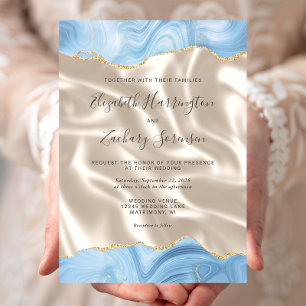 Invitation Mariage Bébé Bleu Or Agate Soie Ivoire