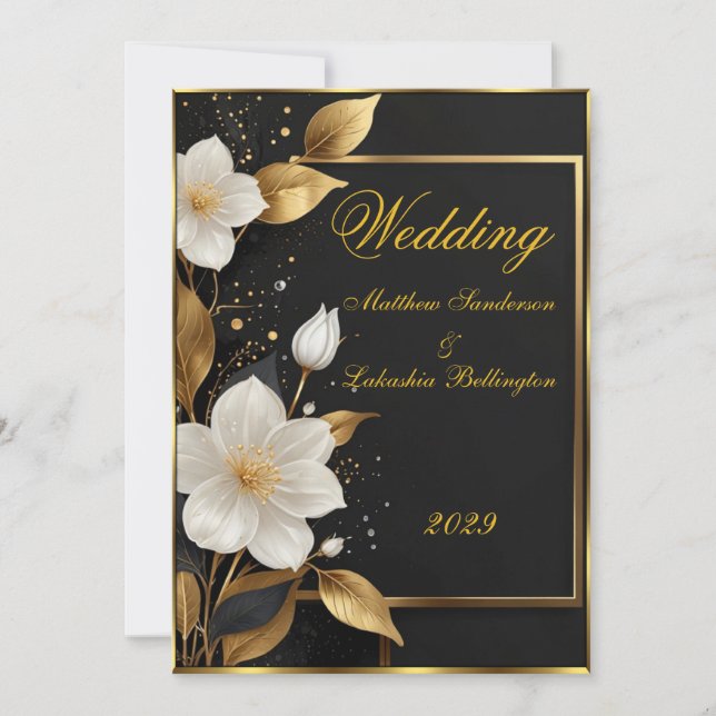 Invitation Mariage Belles fleurs blanches Feuilles d'or (Devant)