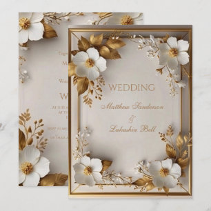 Invitation Mariage Belles fleurs blanches or feuilles
