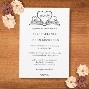 Invitation Mariage Bibliothèque Monogramme Littéraire au Cœur