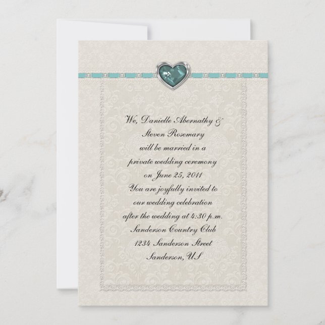 Invitation Mariage Bijoux et coeurs Turquoises (Devant)