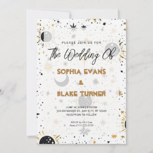 Invitation Mariage Black and Gold Celestial Sun Moon Stars