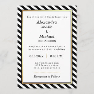 Invitation Mariage Black White Gold Modern Glam Stripes