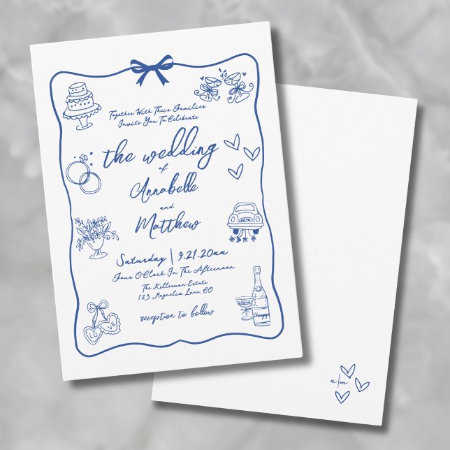 Invitation Mariage blanc à main (Hand Drawn Whimsical Blue Wedding Invitation)
