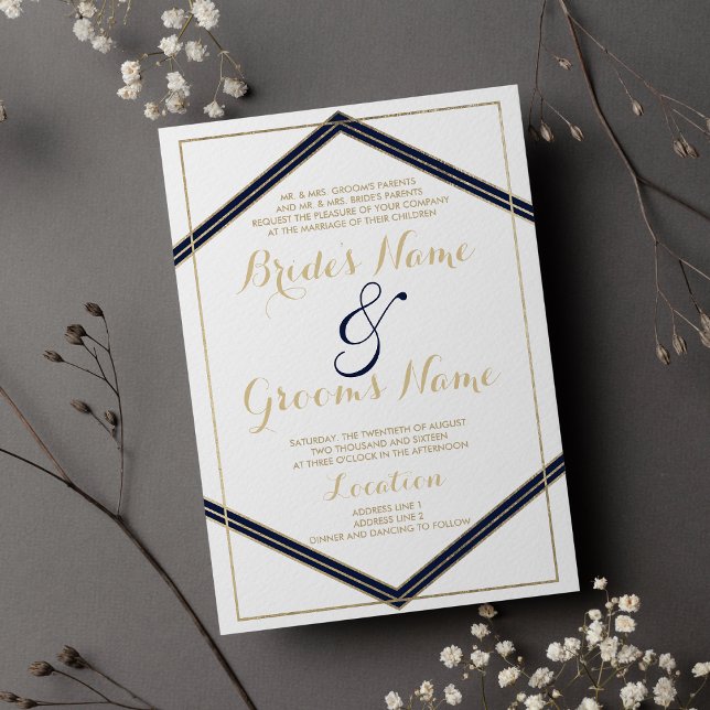 Invitation Mariage blanc bleu marine géométrique (Geometrical navy blue gold white Wedding)