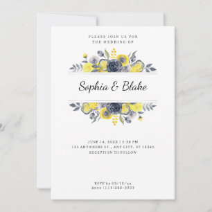 Invitation Mariage Blanc Cadre Floral Jaune et Bleu
