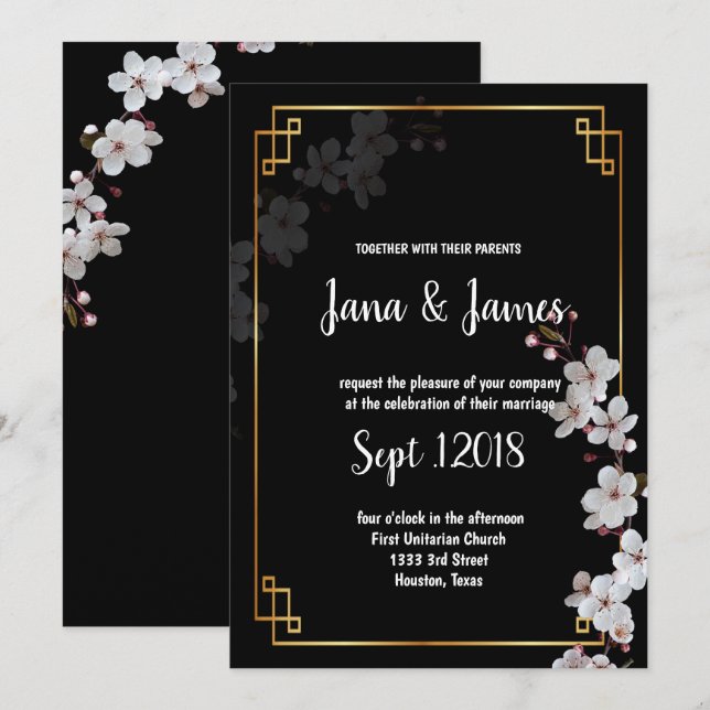 Invitation mariage blanc cerise et cadre doré (Devant / Derrière)