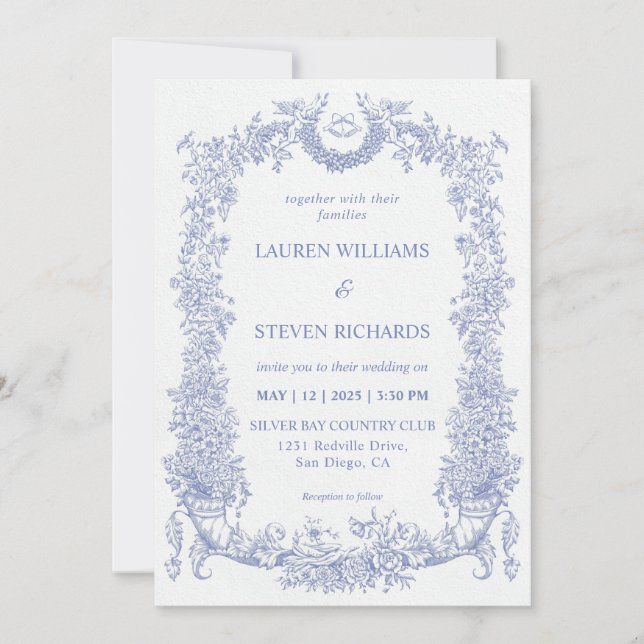 Invitation Mariage blanc clair bleu baroque (Devant)