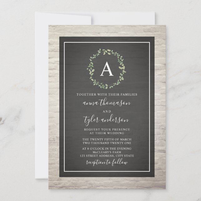 Invitation Mariage blanc de monogramme de guirlande de brique (Devant)