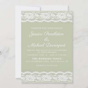 Invitation Mariage Blanc en Dentelle de Vert Sauge Vintage
